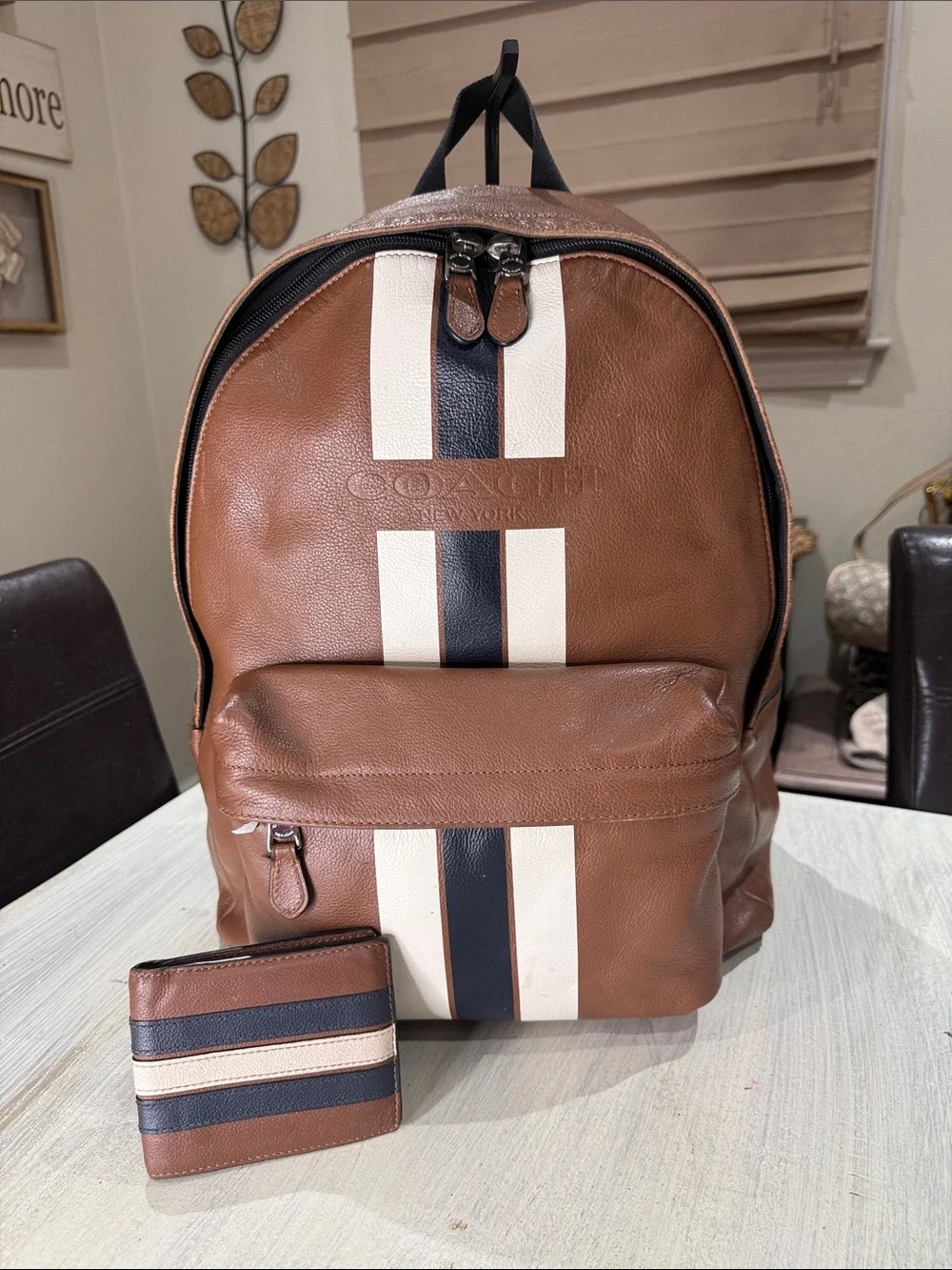 Coach Houston Men’s Brown Leather Backpack Set with Stripe Accent